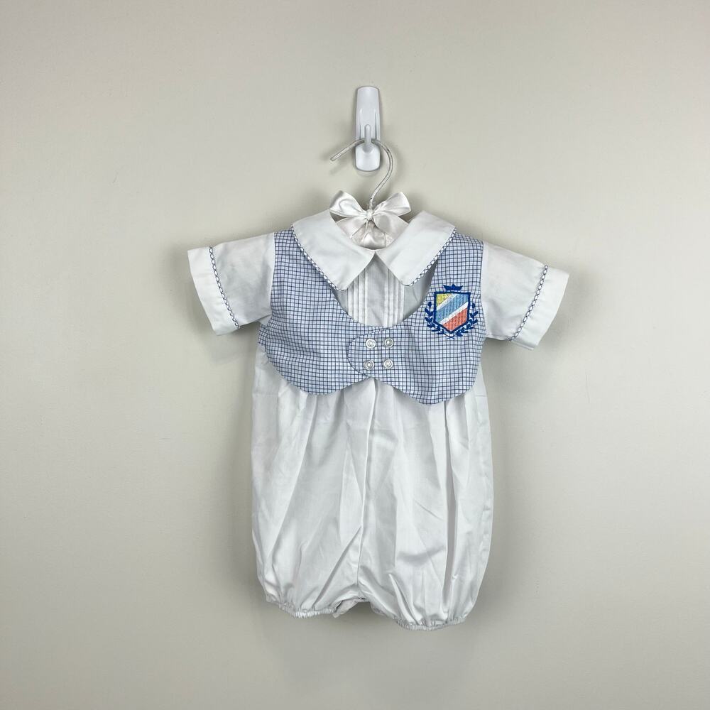 Vintage Alexis White Blue Bubble Romper Newborn